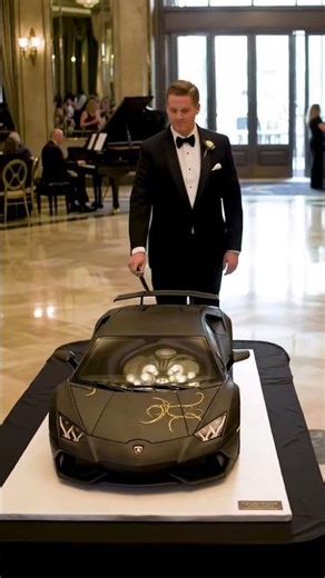 a man slicing a realistic Lamborghini car cake