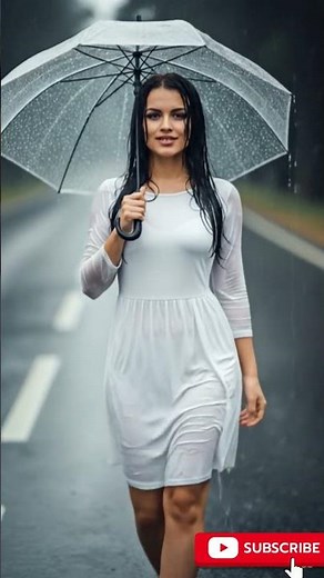 A beautiful young woman walking confidently on a rainy road, wearing a white wet dress#rainbow