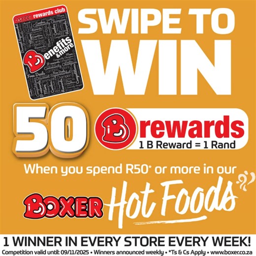 🎉Swipe to WIN 50 B Rewards when you spend R50 or more on one of our HOT DEALS or BAKED GOODS! Choose from a range of meals and swipe your card for automatic entry! Prices valid until 08/10/2025! #boxerstores #brewards | Boxer Superstores