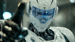 An android robot pointing to the screen with a finger gesture. Computer coding AI chatbot in a futuristic technology stock image. Computer programming knowledge concept. Video