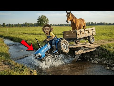 Monkey Farmer Drives a Mini Tractor carrying Horse🐒🚜 Builds DIY Strong Wooden Bridge