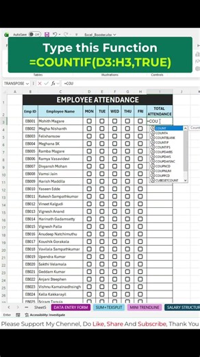 🚀 How to create a smart employee attendance tracker using Checkboxes + COUNTIF. #excel