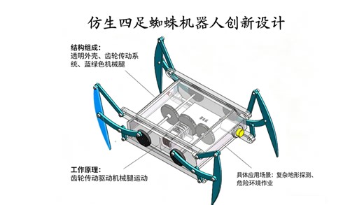 ZT272-仿生四足蜘蛛机器人创新设计【solidworks设计+sw运动仿真】，模型带设计参数，包含solidworks装配体、零件图三维模型、sw运动仿真。