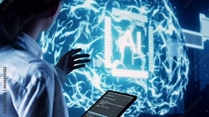 Supervisor overseeing programming scripts on tablet, developing AI machine learning tools. Inspector checking lines of code for artificial intelligence applications development