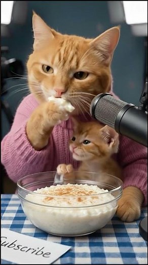 Cute Cat & Kitten Eating Rice Pudding! 🍮 ASMR Mukbang