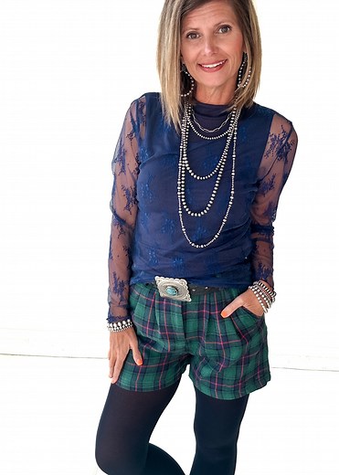 ✨ Lace Mesh Top | Navy | XS–3X ✨ This one’s classy and sassy! The Lace Mesh Top in navy is the prettiest layering piece... sheer, stretchy, and oh-so-flattering. Gretchen’s wearing it over our mock neck tank in navy, and it mixes perfectly with all our Christmas collection pieces but will carry you straight into spring and summer holidays, too. Style it under vests, blazers, or our Christmas vest for an elevated Western twist. 💙 Available in sizes XS–3X 👚 Pairs with our mock neck tank in navy 