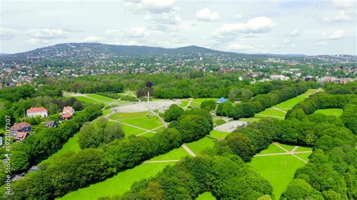 Oslo, Norway. Frogner Public Park with avenue of sculptures under the general name - Vigeland Sculpture Park - Vigelandsparken. Drone footage, Point of interest