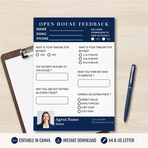 Real Estate Open House Feedback Form, Realtor Agent Sheet (canva Template) - Etsy