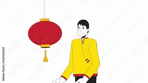 Chinese man hanging paper lantern 2D character animation. Oriental decor cartoon 4K video, alpha channel. Traditional tang suit guy decorating for spring festival animated person on white background