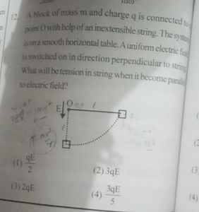 A block of mass m and charge q is connected to point O with hel... | Filo