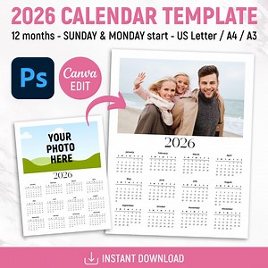 2026 Photo Calendar Template, Custom Photo Calendar, US Letter, A4, A3, Monday & Sunday Start, Desk Calendar, Printable, PSD, Canva Editable - Etsy Canada