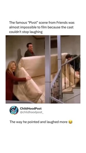 @childhoodpost on Instagram: "The legendary “Pivot!” scene from Friends is unforgettable on camera, but filming it was even more chaotic than it looks. Ross shouting that single word over and over while trying to wedge a couch up a narrow staircase pushed the whole cast to their limit — not of acting, but of holding in laughter. David Schwimmer’s dramatic delivery was so ridiculous that Jennifer Aniston and Matthew Perry couldn’t keep a straight face, breaking character take after take as the mo