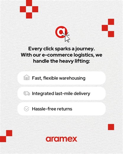From cart to customer, every part of your e-commerce journey matters 📦✨ That’s why we go beyond shipping – offering solutions that help you scale, speed up, and simplify operations without missing a beat. Whether you're just getting started or looking to level up, Aramex has the tools to help your business grow with confidence. Get in touch and let’s build the right setup for your store. | Aramex