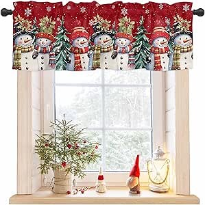 Christmas Valance for Windows Snowman Curtains Valances Rod Pocket Valance Window Treatments Snowflake Red Short Curtains for Kitchen Living Room Bedroom Bathroom Xmas Tree Holiday 1 Panel 54x18 Inch