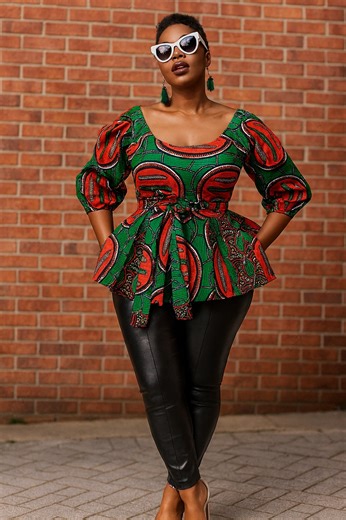 A vibrant green peplum Ankara top with red circular patterns, paired effortlessly with black leather pants. The puff sleeves and tied waist bring structure and volume — a perfect blend of tradition and modern flair. | Exquisite Fashion Trends