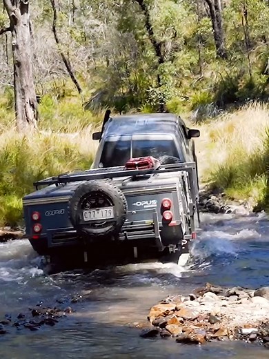 With a ground clearance of 350mm and a serious rear departure angle, the #OP4 is the true, no-nonsense off-road camper trailer 🏕🚐 #4x4 #4wd #offroad #4x4offroad #nissan #camping #vanlife #river #nature #outdoors #travel #explore #australia #aussie #campertrailer #opuscamper