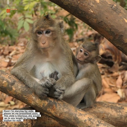 Mom! I'm starving for milk; please let me breastfeed soon. This child is hilarious; she would go to any length to beg her mother for milk. | Beloved Monkeys Of Cambodia