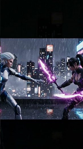 Epic Cyberpunk Duel in the Rain Futuristic Female Warriors Battle in Neon City