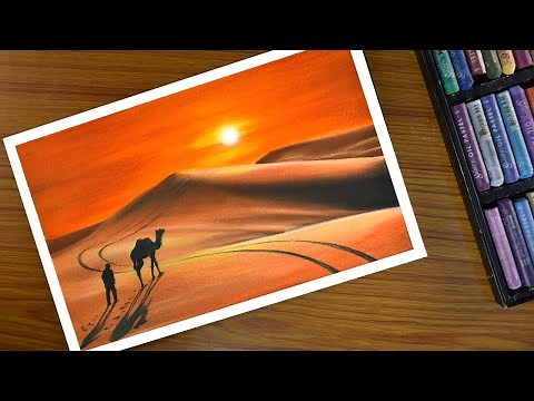 Easy oil pastel Desert scenery drawing - step by step | How to draw Desert sunset scenery