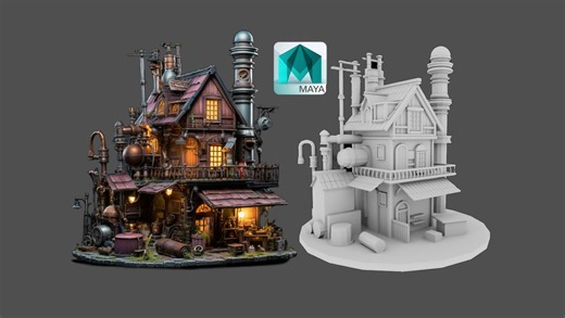 【maya场景】适合新手学习的朋克蒸汽场景建模教程，零基础教程讲解，maya新手建模案例教学