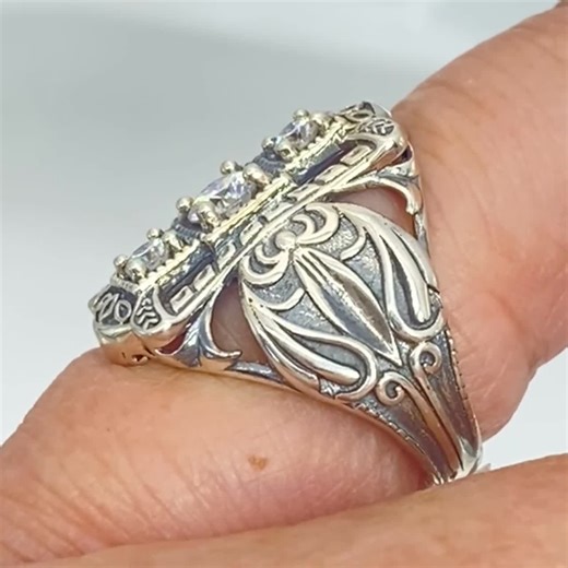 Lab Moissanite Ring Size 6 Triple Stone Lab Created Gemstones Edwardian Swirl Sterling Silver Filigree [ready to Ship] Design#63 - Etsy