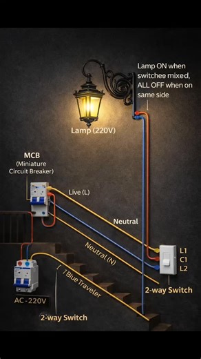 Electric work on Instagram: "Two-Way Switch Installation Diagram (Staircase Wiring) #electrician"