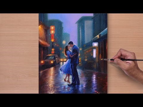 Romantic Rainy Night / Acrylic painting / STEP BY STEP #32