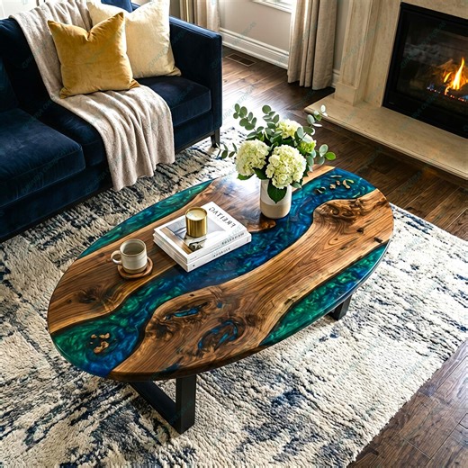 Blue Green Epoxy Resin River Coffee Table Oval Modern Rustic Center Table - Etsy