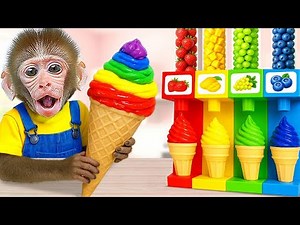 KIKI Monkey play Coloful Ice Cream Vending Machine with Ducklings at pool | KUDO ANIMAL KIKI
