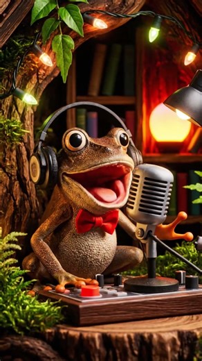 Bro Frog hosting a podcast in a treehouse with funny commentary and quirky sound effects