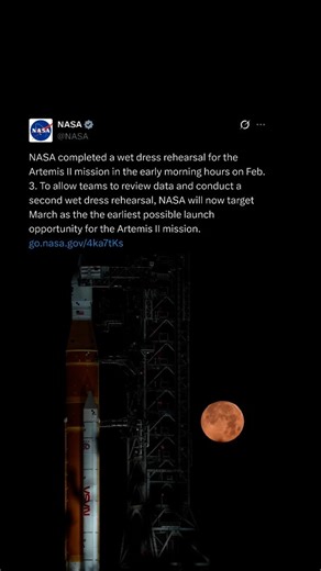 All Around Science (Official) on Instagram: "NASA completed a two‑day wet dress rehearsal for Artemis II, successfully fueling and draining the SLS rocket while troubleshooting cold‑weather impacts, a liquid hydrogen leak, and Orion hatch valve issues. All tanks were filled and a partial terminal countdown was achieved before an automatic stop. With several items to review and retest, NASA shifted the earliest launch opportunity to March, releasing the crew from quarantine until two weeks before