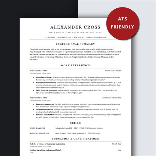 Mechanical Engineer Resume Template | Manufacturing Engineer CV | ATS Friendly Engineering Resume for Word & Google Docs | Professional CV - Etsy