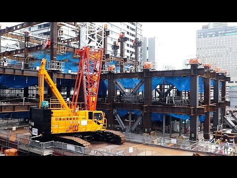 1/27UP 巨大なｸﾛｰﾗｰｸﾚｰﾝで鉄骨建方!! 2本の鉄骨を同時に揚重です!!