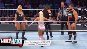 3.7M views · 2.4K reactions | Monster Eclipse has no time for SHANTI, Fenomenal Flair and Ravishing Rusev Day wage a war of chops, and everything else you need to see from this week's WWE Mixed Match Challenge! | WWE Mixed Match Challenge | Facebook