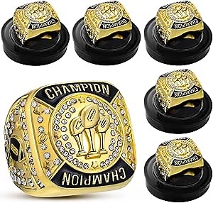 6 Pack Fantasy Football Ring Football Champion Rings Size 11 Football Champion Trophy Rings Sport Award Gift with Display Stand Box Neck Chain for Football Tournament League Winner