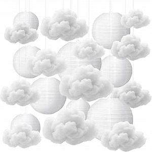 Baquler 10 Pcs White Paper Lanterns with Fiber 3D Clouds Decorations for Ceiling Hanging DIY Clouds Ornament Round Paper Lanterns Lamp for Room,Birthday,Bridal,Home,Wedding Art Stage Party Supplies