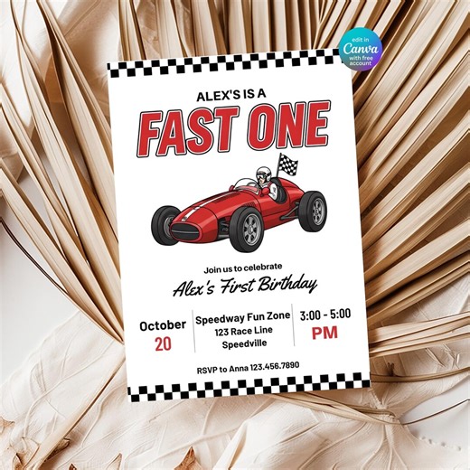 Fast One Birthday Invitation, Race Car 1st Birthday Invite Boy, Racing Party Invite, Car Birthday Invitation, Editable Canva Template - Etsy