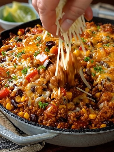 30-Minute Mexican Casserole Instructions Preheat oven to 375°F (190°C) and lightly grease a baking dish. In a large skillet over medium heat, cook ground beef with onion until browned; drain excess grease. Stir in taco seasoning, diced tomatoes, beans, and corn; simmer 3-5 minutes. Mix in cooked rice (or crushed tortilla chips if using). Transfer mixture to the prepared baking dish and spread evenly. Sprinkle shredded cheese generously over the top. Bake uncovered for 20-25 minutes, until hot an