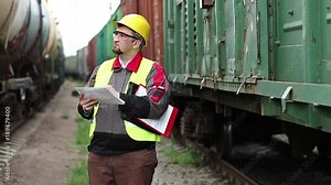 Railway worker with work documentation. Railroadman in hard hat with work scheme in hands. Inspector of railway traffic on freight station makes notes. Railway employee between goods trains