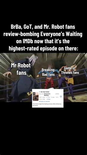 This whole IMDb review wars thing with the Breaking Bad and Game of Thrones fans is so fucking stupid, why do y’all even care so much about episode ratings in the first place? #Imdb #ozymandias #breakingbad #aknightofthesevenkingdoms #sixfeetunder