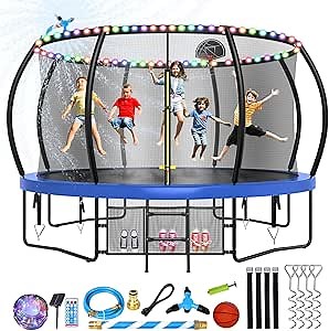 Lyromix 14FT Trampoline for Kids and Adults, Outdoor Trampolines with Curved Poles, Pumpkin Shaped Backyard Trampoline with Sprinkler, Stakes, Light, Basketball, Basketball Hoop and Storage Bag