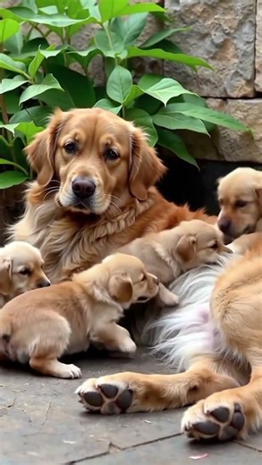 a lovely family-Golden Retriever Mom and Pups