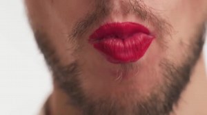 Close View Male Mouth Wear Makeup Red Lipstick Lips One