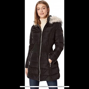 Black Mid-Length Puffer Coat with Faux Fur Hood