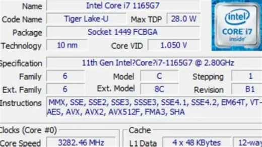 ！低功耗处理器~INTEL CORE I7 1165G7处理器默频状态下性能参数和CPU-Z测试得分！感谢粉丝“littlepigff”提供测试视频！