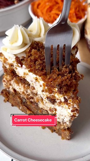 Carrot Cheesecake🐰🥕🍰 This carrot cheesecake is so good! The crust is a moist layer of carrot cake! The cinnamon cheesecake filling is no bake! Full recipe below. Carrot Cake: * 2 cups all-purpose flour * 2 tsp baking soda * 2 tsp cinnamon * 1/2 tsp salt * 1 cup granulated sugar * 1 cup dark brown sugar * 1 1/4 cup vegetable oil * 1 1/2 tsp vanilla extract * 4 eggs, room temp * 3 cup carrots shredded * 1/2 cup chopped pecans No Bake Cheesecake Filling: * 2, 8 oz. blocks cream cheese, softened 