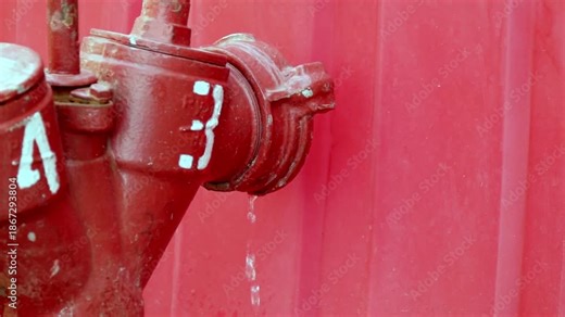 Fire hydrant outlet drips water with visible drop forming under metal cap.