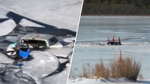 Video: Truck doing donuts on frozen lake falls through ice in NJ