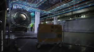 Team of diverse heavy industry workers walks through gas distribution station. 3D computer graphics, animation of pipelines for gas, oil or fuel transmission. Modern and digital gas transport system.