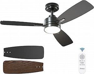 Amico Ceiling Fans with Lights, 44 inch Black Ceiling Fan with Light and Remote Control, Reversible, 3CCT, Dimmable, Noiseless, Small Ceiling Fan for Bedroom, Farmhouse, Indoor/Outdoor Use